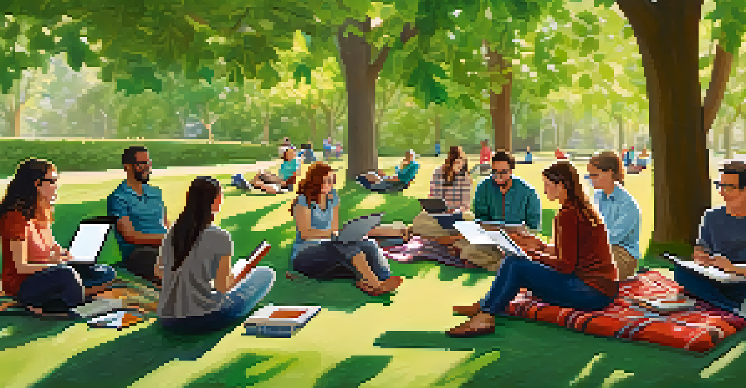Teachers engaged in a professional development workshop outdoors in a park, discussing strategies on picnic blankets.