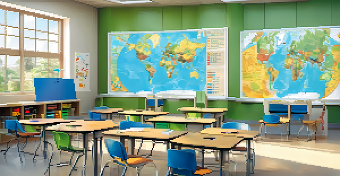 A modern classroom with students interacting with a world map on an interactive whiteboard, surrounded by colorful educational materials.