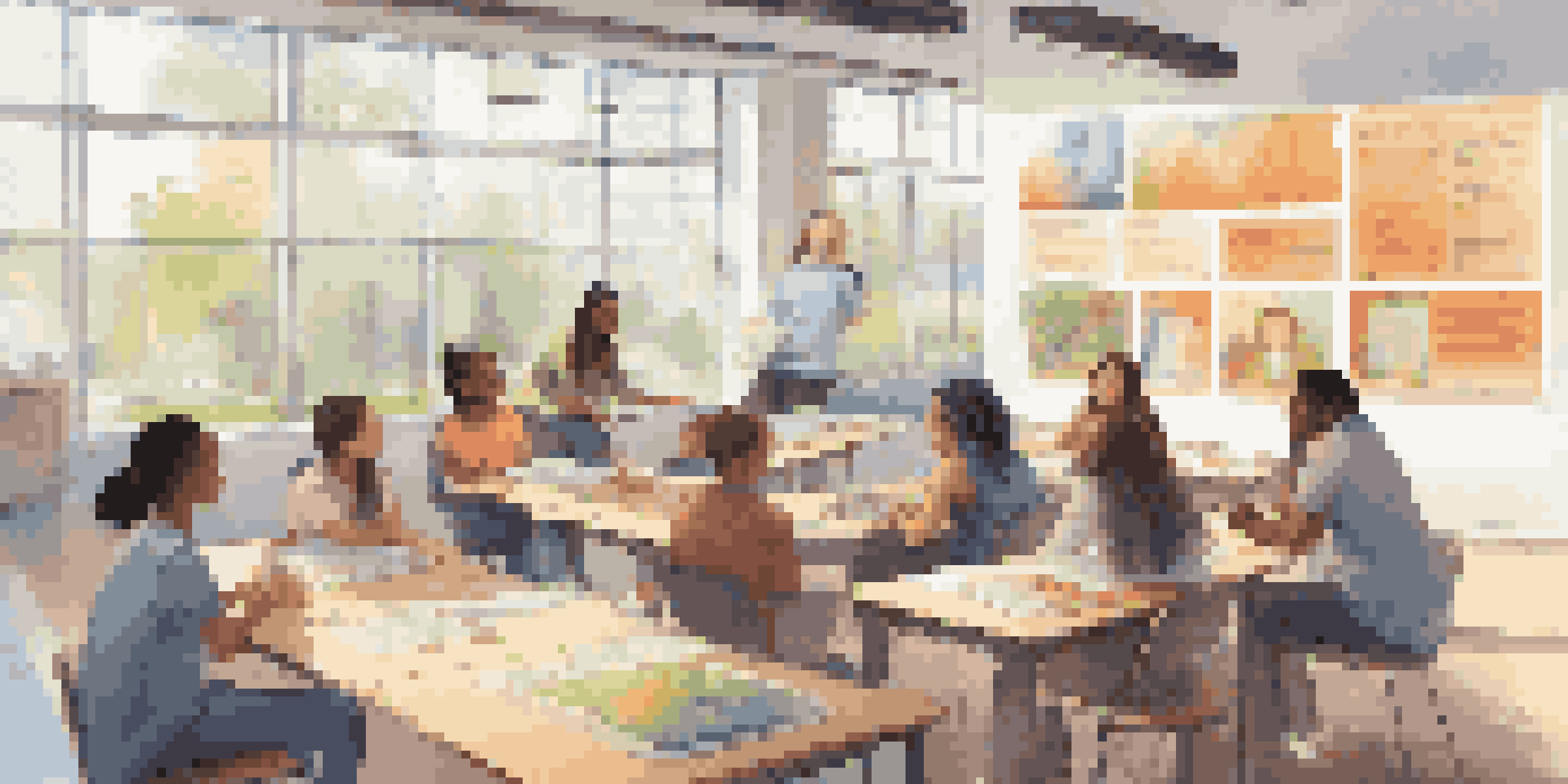 A group of diverse students engaged in discussions around a digital screen in a bright and inviting learning space.
