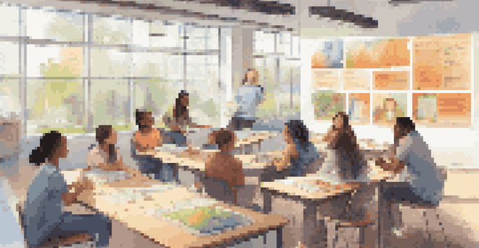 A group of diverse students engaged in discussions around a digital screen in a bright and inviting learning space.