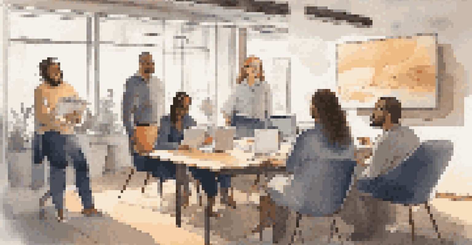 A group of diverse colleagues discussing feedback on a digital portfolio in a warm office environment, with a large screen showcasing the portfolio.