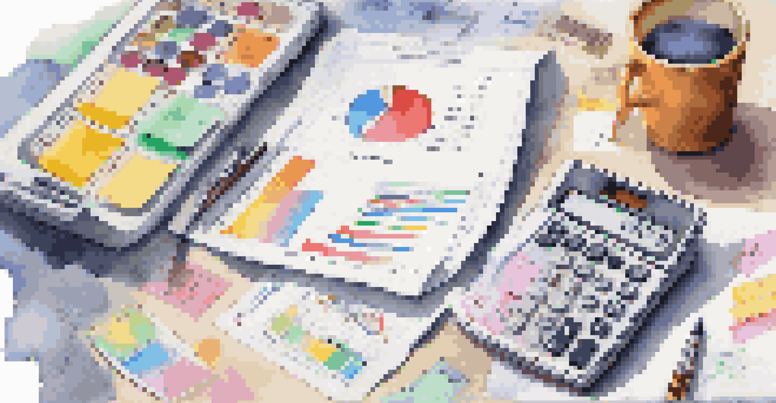 A workspace with a budget sheet, calculator, and colorful sticky notes, set against a backdrop of financial charts.