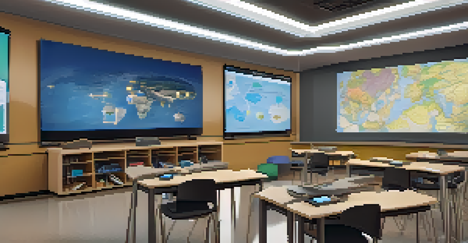 Students in a modern classroom using virtual reality headsets to explore various cultures, surrounded by technology and screens.
