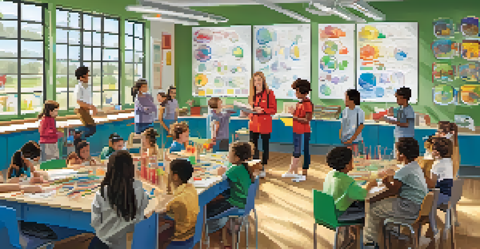 A classroom with a teacher and students actively participating in a science experiment, surrounded by colorful materials and educational displays.