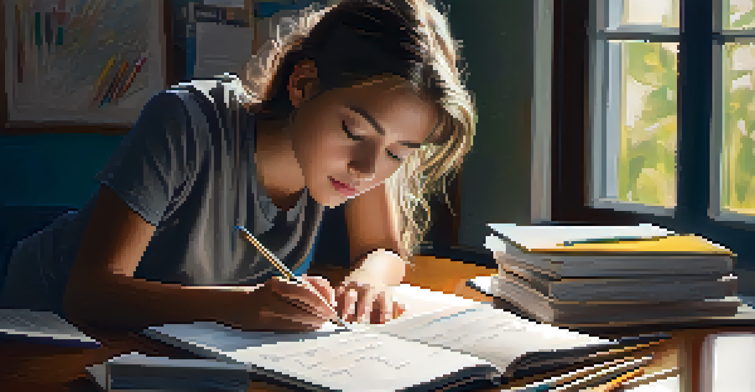 A student writing in a reflection journal, surrounded by colorful study materials, showing creativity and focus.