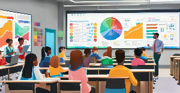 A bright modern classroom with educators discussing data analytics on a digital screen, students engaged in group work at their desks, and colorful graphs displayed.