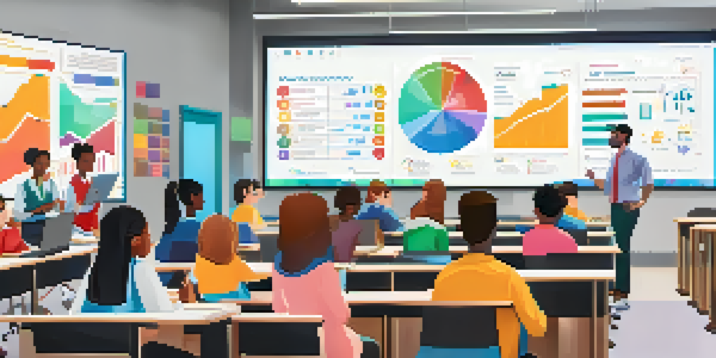 A bright modern classroom with educators discussing data analytics on a digital screen, students engaged in group work at their desks, and colorful graphs displayed.