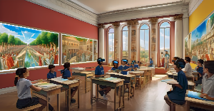 A classroom where students are engaged in a virtual reality lesson about ancient Rome, showcasing their interactions with virtual elements.
