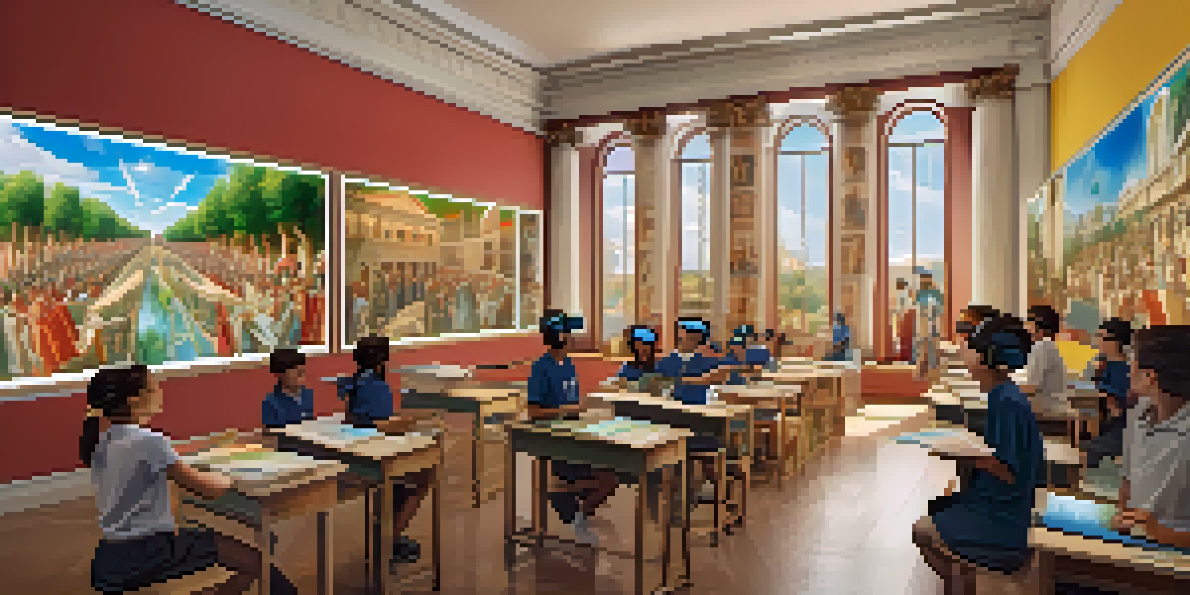A classroom where students are engaged in a virtual reality lesson about ancient Rome, showcasing their interactions with virtual elements.