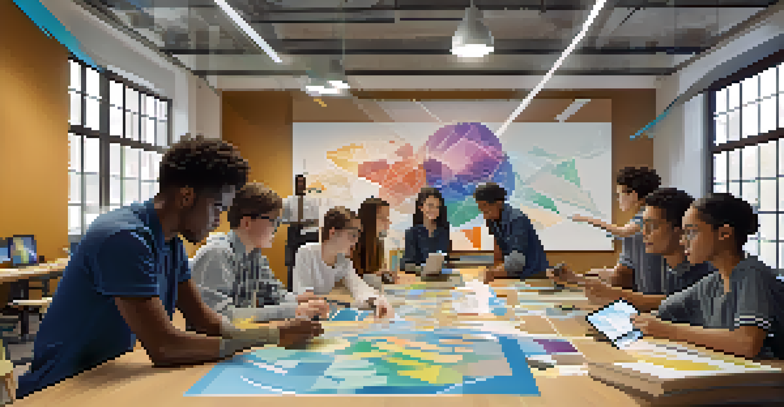 Students collaborating on an AR project, interacting with digital images overlaying their physical workspace in a bright classroom.