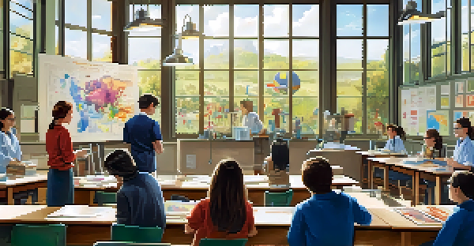 A teacher demonstrates a scientific experiment in a bright classroom filled with attentive students.