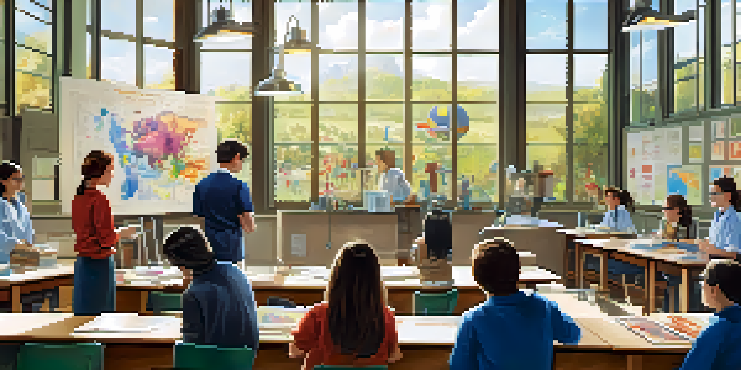A teacher demonstrates a scientific experiment in a bright classroom filled with attentive students.