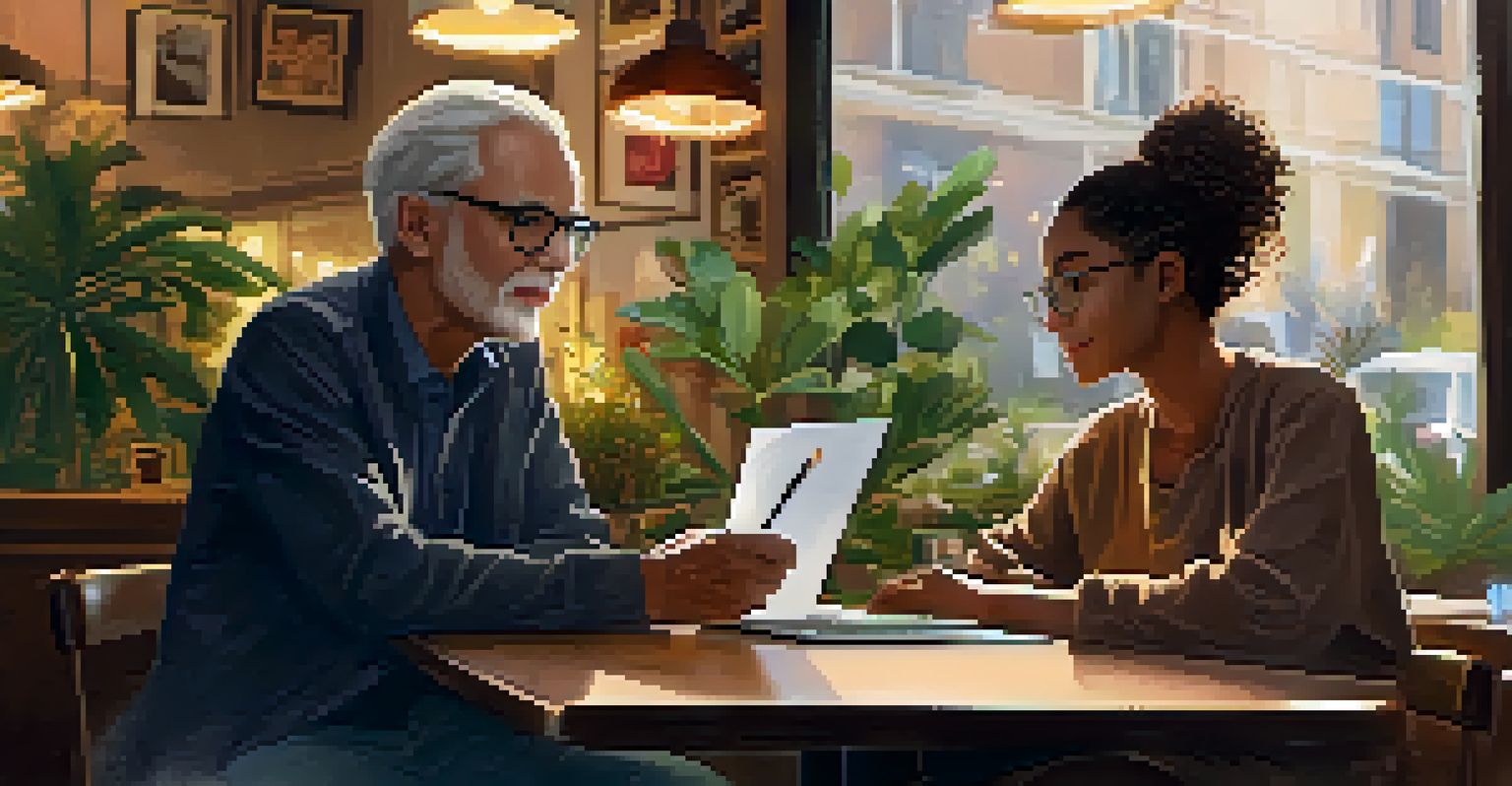 A mentor sharing knowledge with a young woman in a coffee shop, creating a supportive and engaging learning environment.
