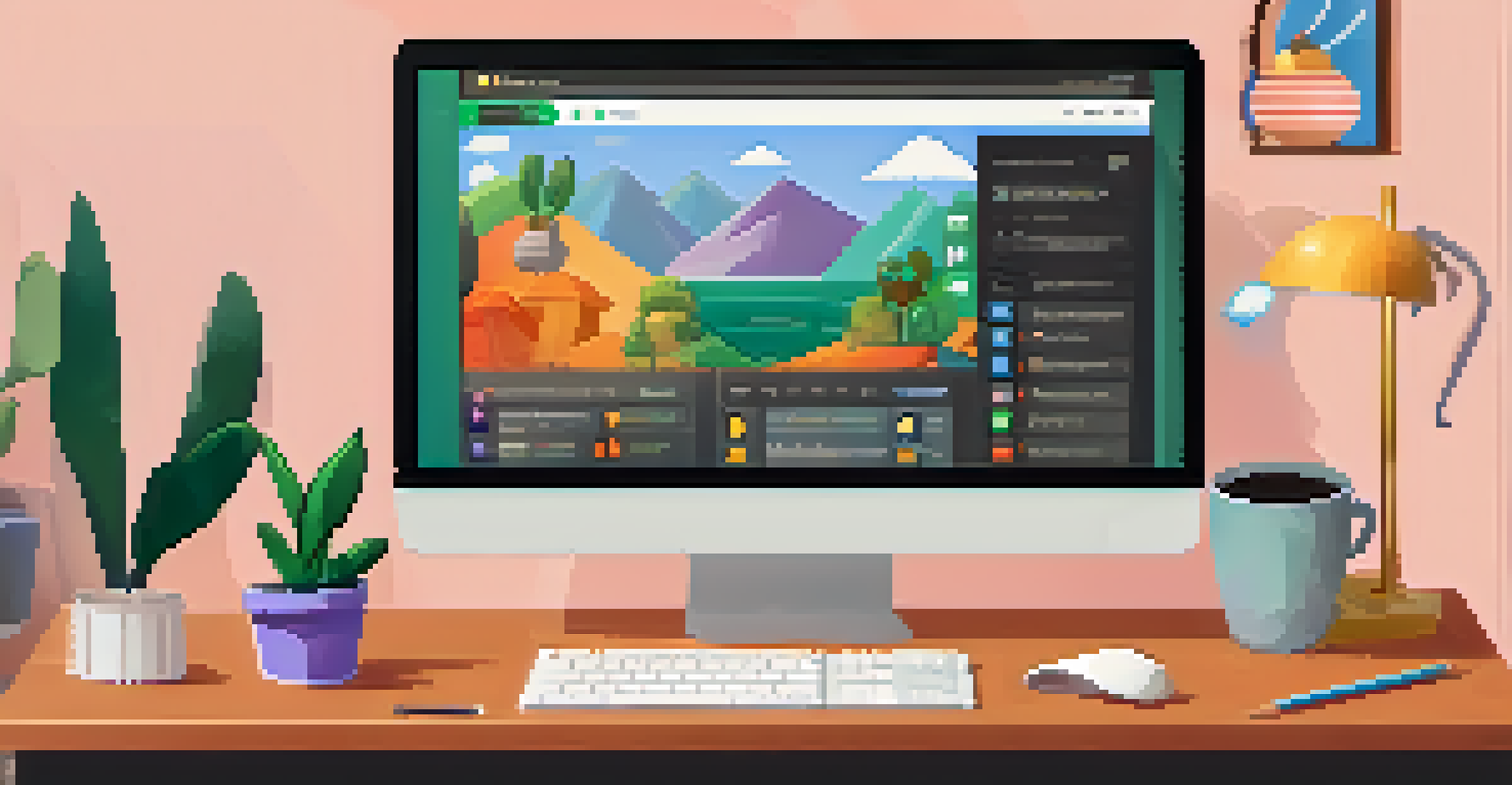 A computer screen showing a gamified online learning platform with colorful graphics and a cozy home office setup in the background.