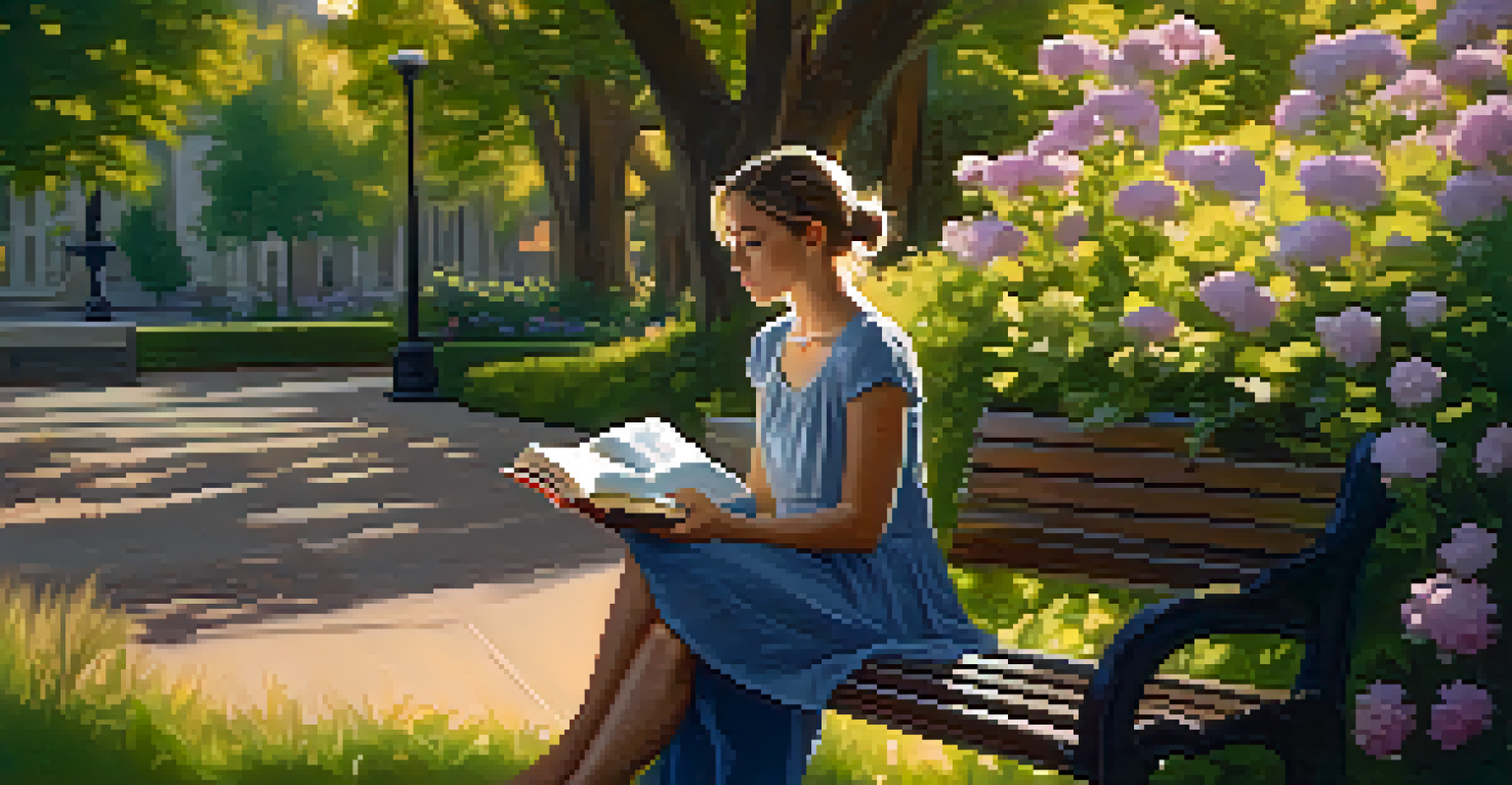 A young woman reading a book on a park bench surrounded by flowers and greenery during golden hour.