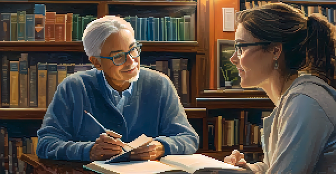 A mentor and mentee engaged in a discussion in a cozy coffee shop, surrounded by bookshelves.