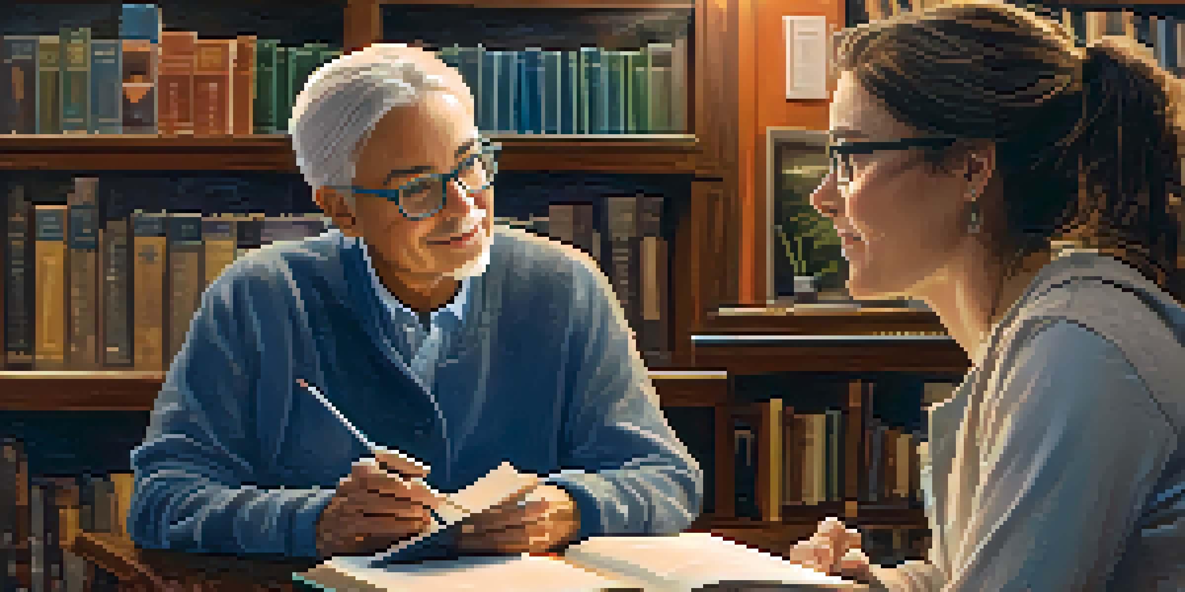 A mentor and mentee engaged in a discussion in a cozy coffee shop, surrounded by bookshelves.
