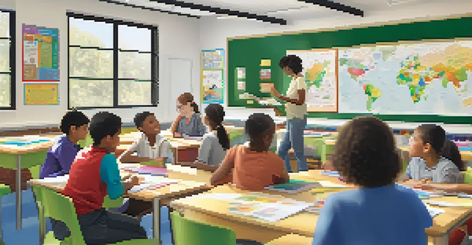 A diverse group of students in a bright classroom engaged in language learning activities, with a teacher facilitating a discussion.