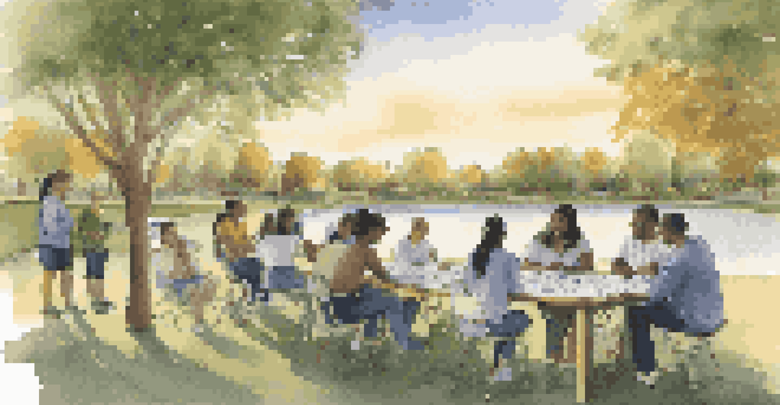Students in a park collaborating on a community health study, analyzing charts and discussing their findings as the sun sets in the background.