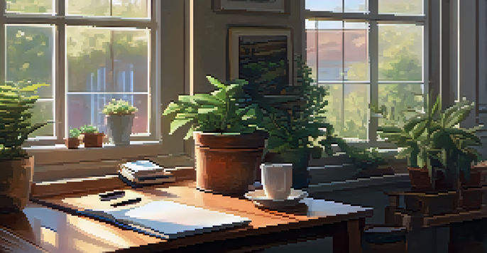 A cozy study area with a wooden desk, laptop, notebooks, and coffee, bathed in warm sunlight from a window.
