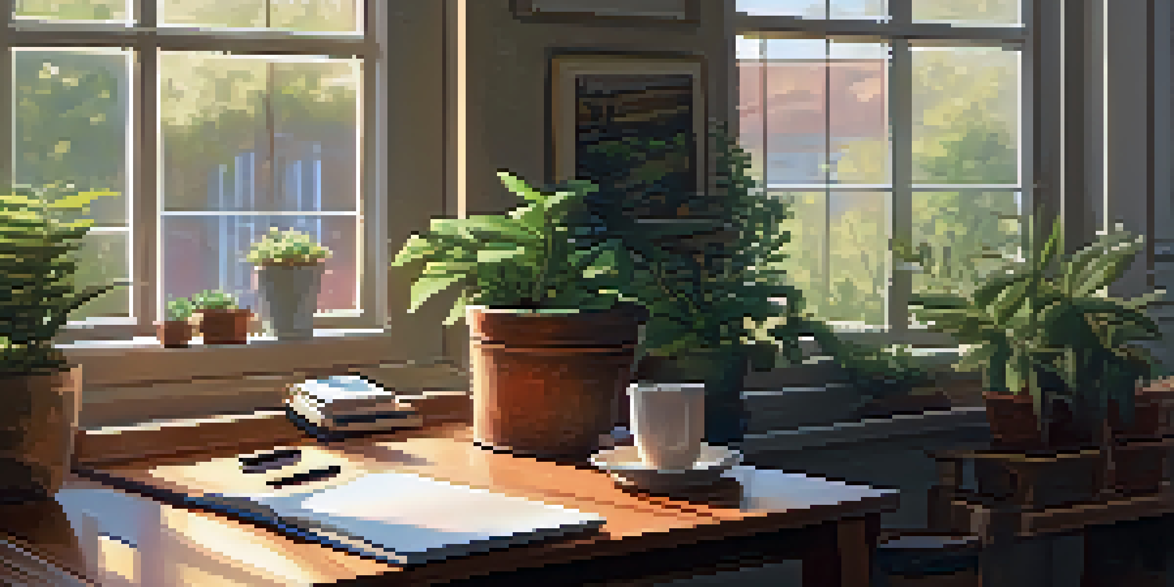 A cozy study area with a wooden desk, laptop, notebooks, and coffee, bathed in warm sunlight from a window.