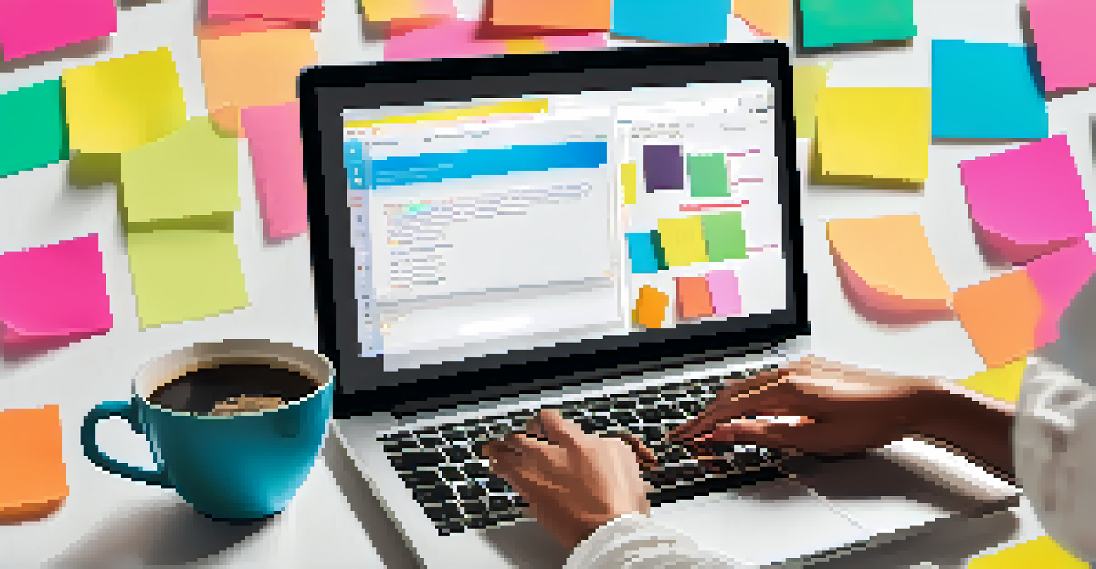 Close-up of hands using a laptop amidst colorful sticky notes and a coffee cup, with a blurred virtual meeting in the background.