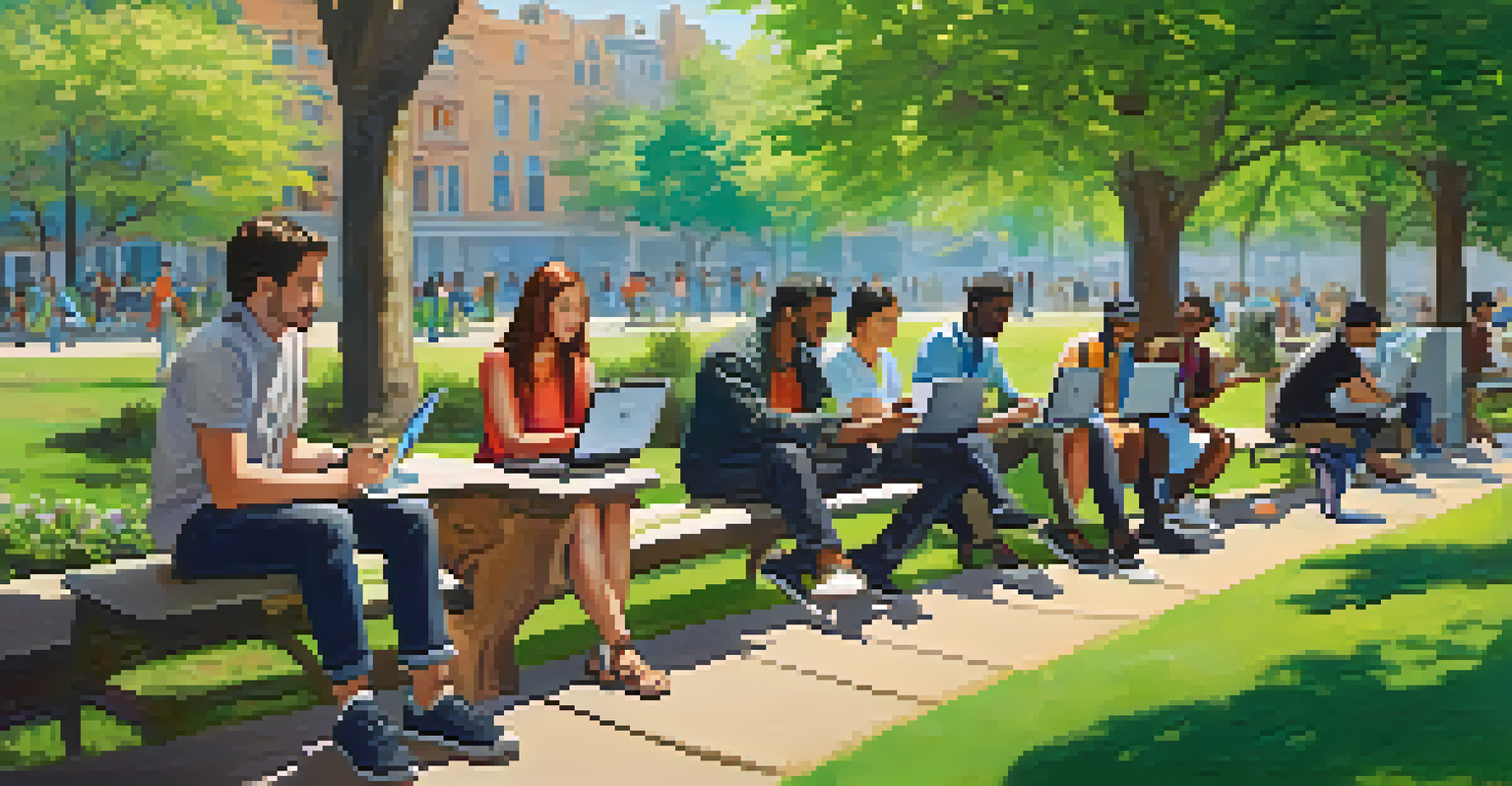 A vibrant outdoor park filled with diverse individuals participating in a language exchange, engaged with laptops and smartphones.