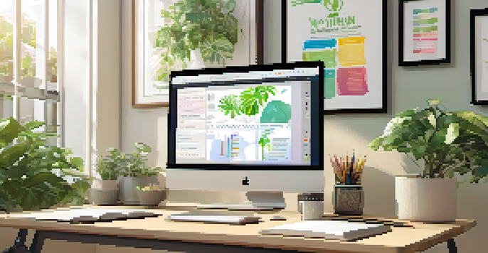 An office space featuring a laptop with a microlearning module open, surrounded by plants and organized stationery, illuminated by natural light.