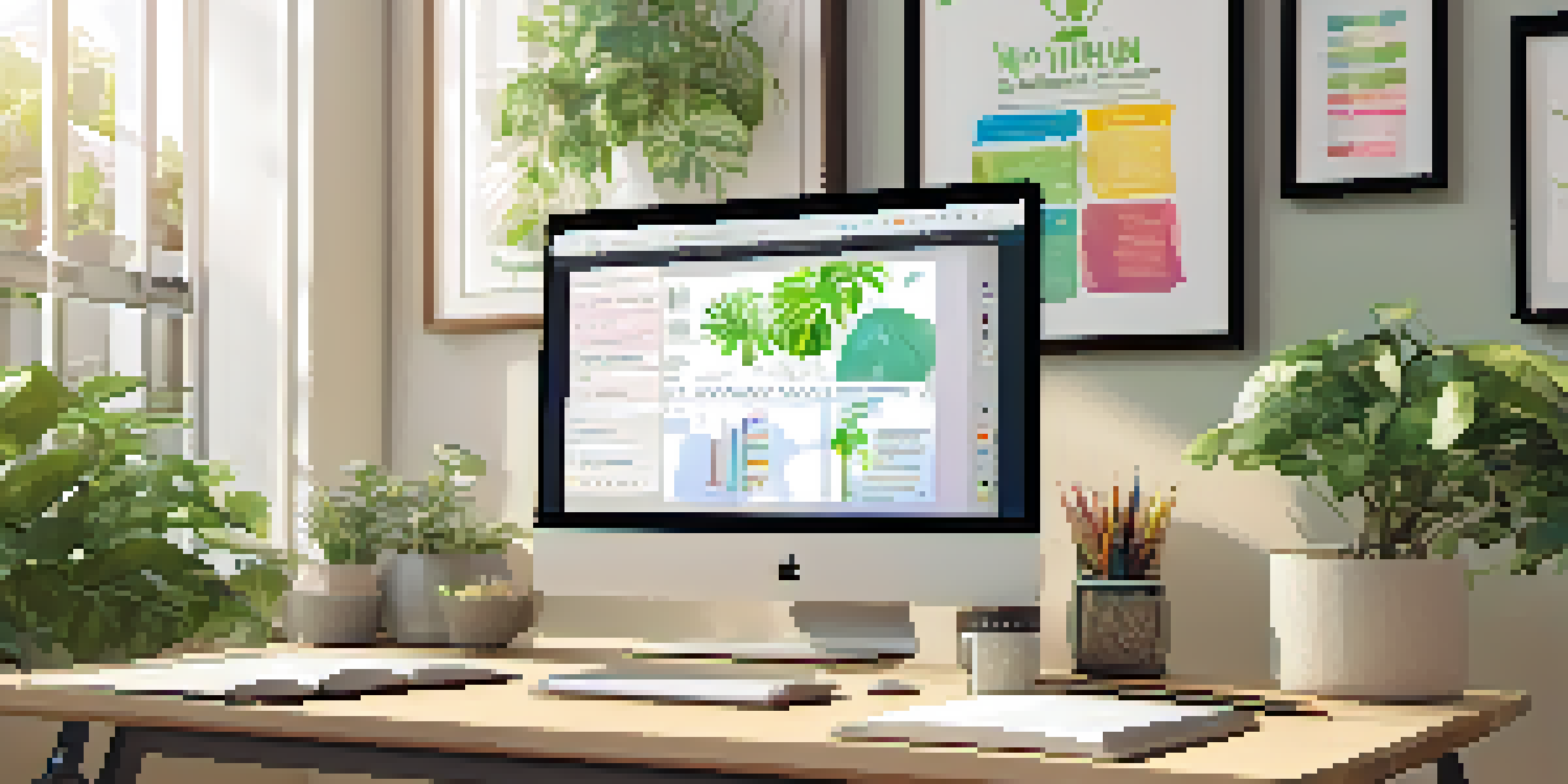An office space featuring a laptop with a microlearning module open, surrounded by plants and organized stationery, illuminated by natural light.