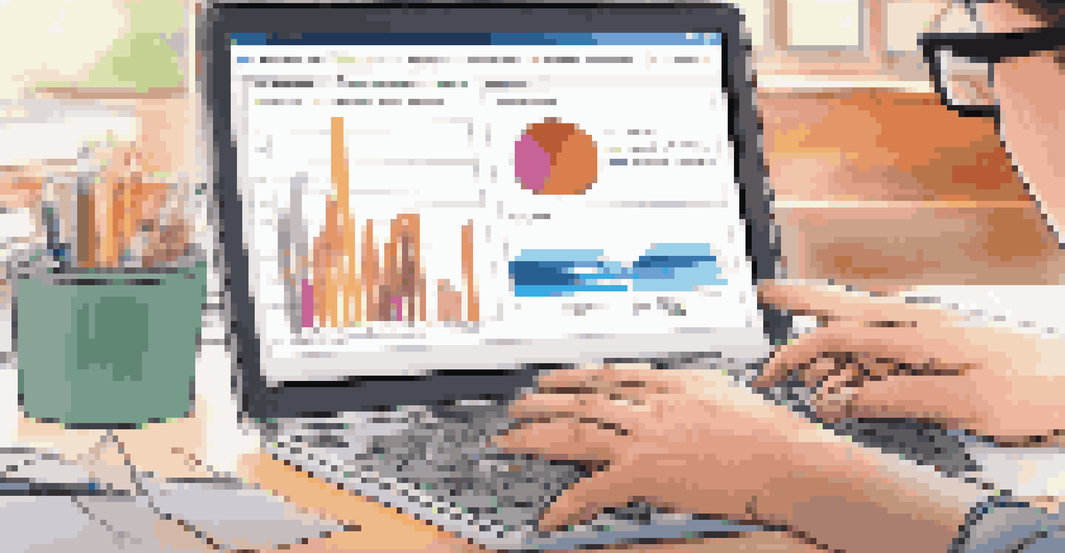 A close-up of a teacher's hands on a laptop, analyzing colorful graphs and digital assessment data in a warm and inviting environment.