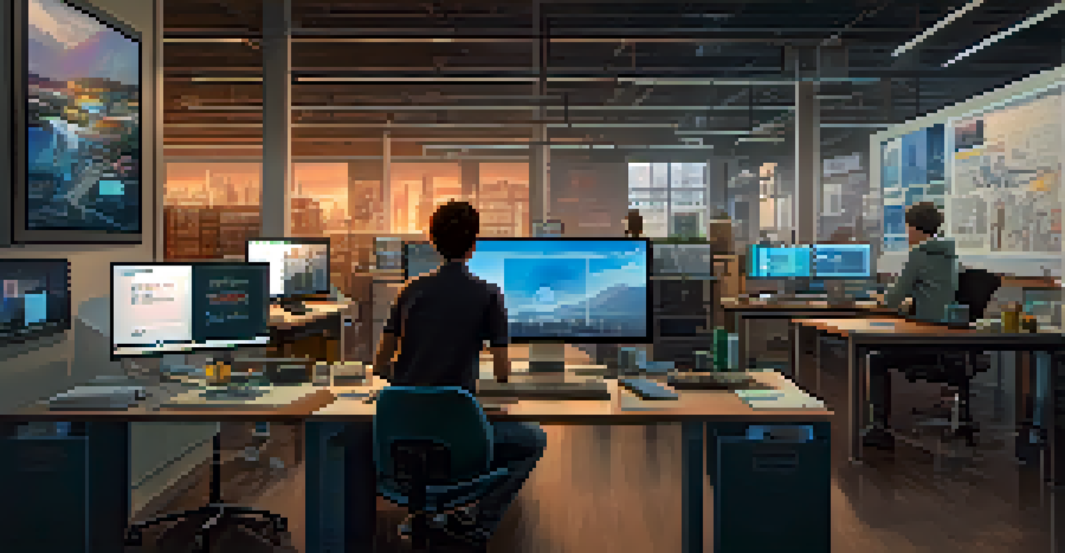 A mentor assisting a young intern with a coding project in a modern office filled with technology and industry posters.