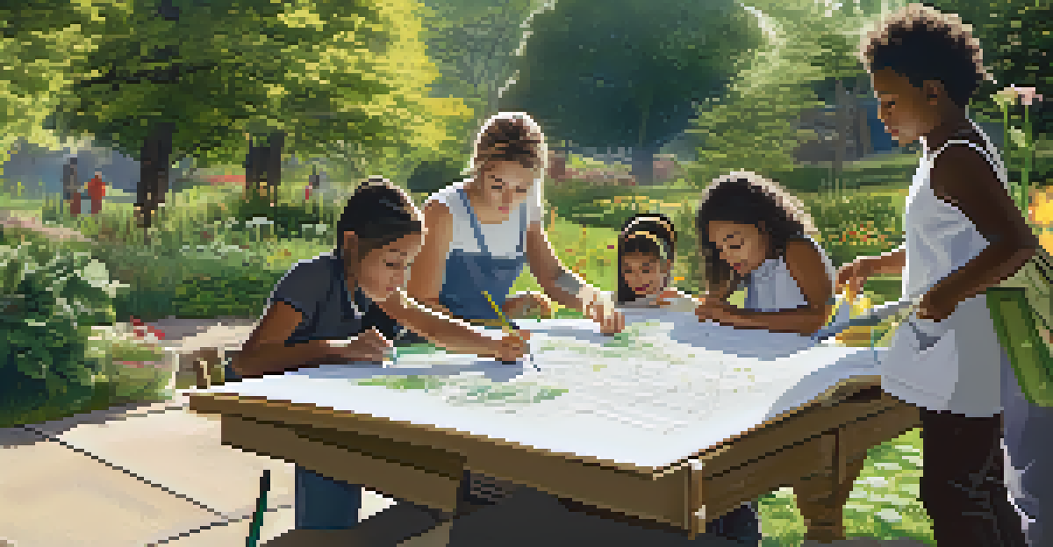 Students outdoors designing a sustainable garden, sketching plans surrounded by plants and gardening tools under a sunny sky.