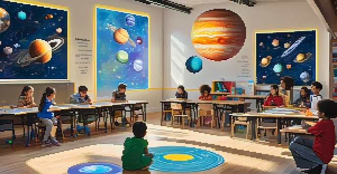 A diverse group of students in a bright classroom, engaging with a 3D model of the solar system through augmented reality tools.