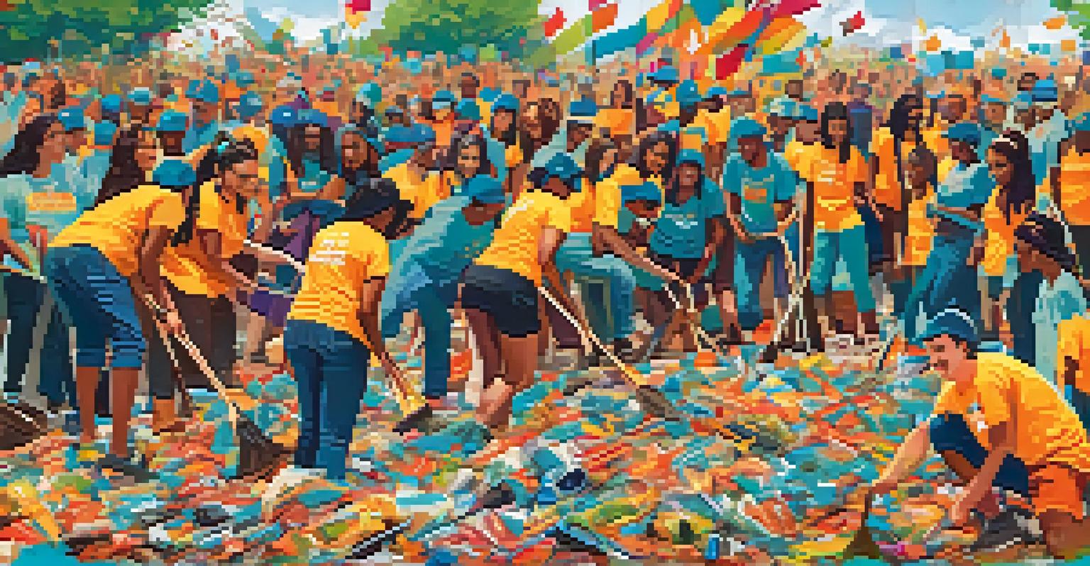 A visually appealing social media post design featuring an inspiring quote over a vibrant image of volunteers at a community cleanup event.
