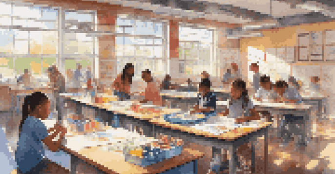 A bright classroom with diverse students collaborating on a colorful STEAM project with art supplies and technology.