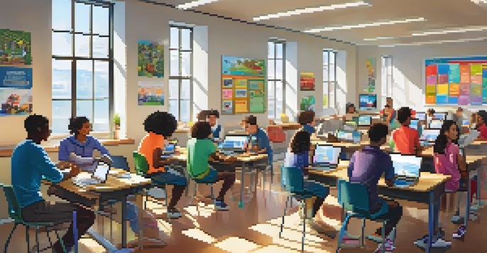 A diverse group of students in a modern classroom using various technologies, with sunlight streaming through the windows.
