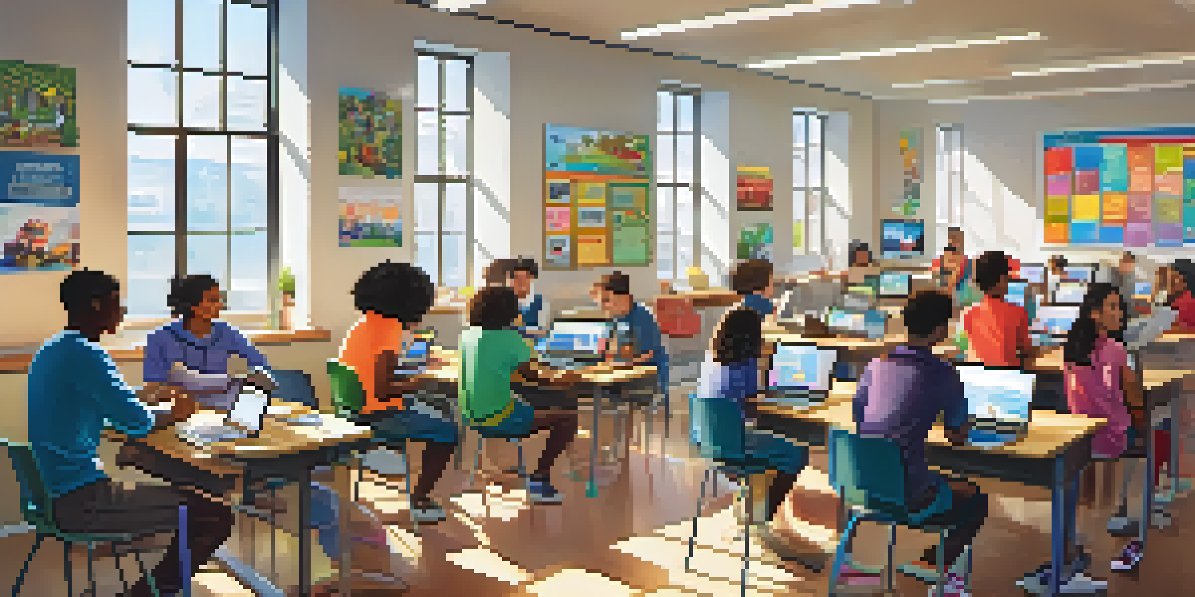 A diverse group of students in a modern classroom using various technologies, with sunlight streaming through the windows.