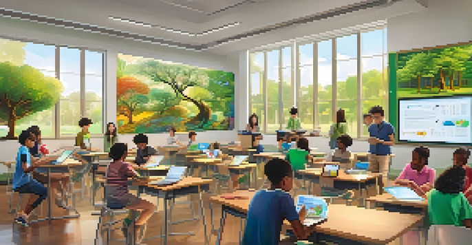 A diverse group of students in a modern classroom using digital devices for learning, with educational posters that reflect cultural diversity.