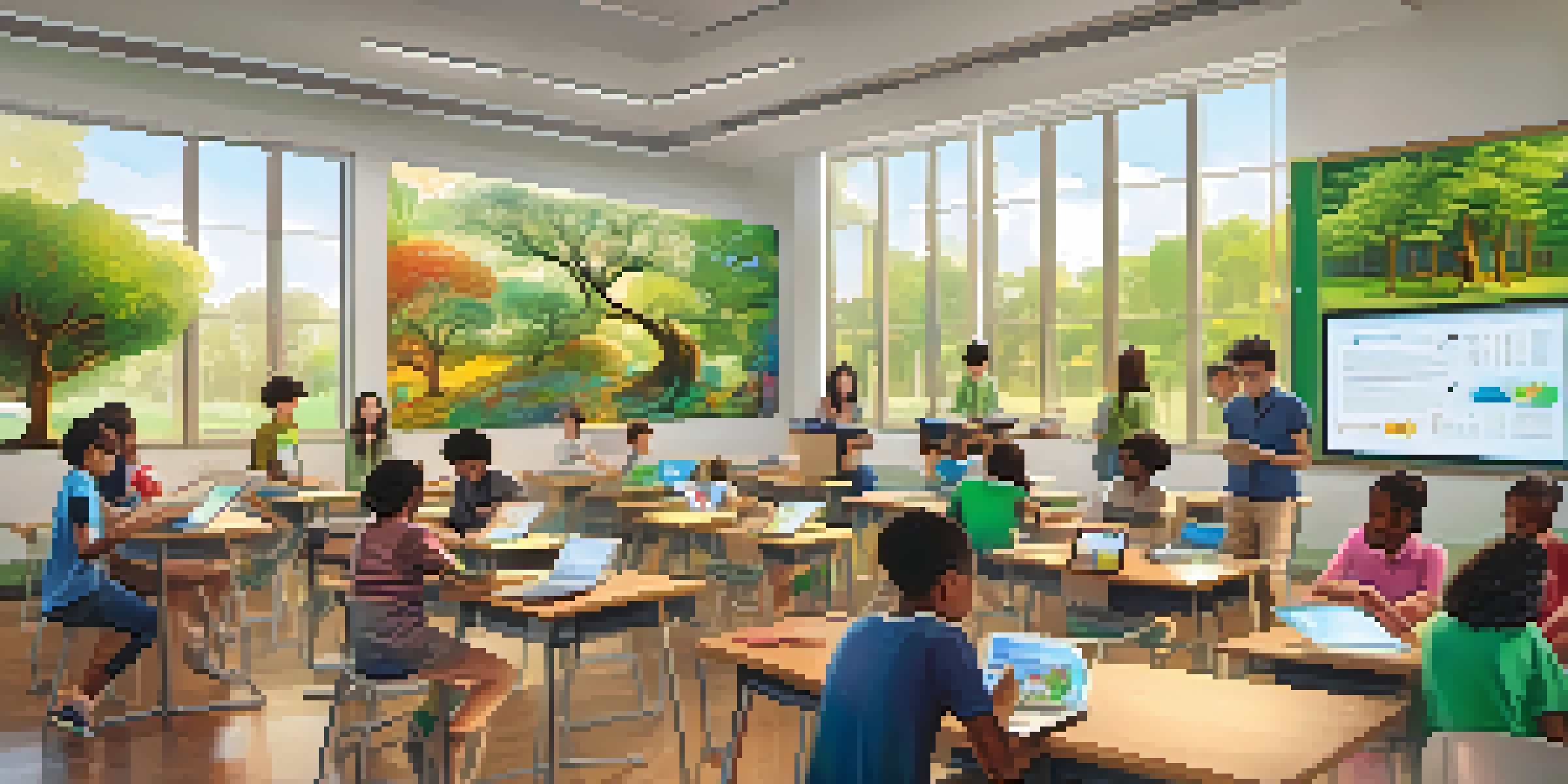 A diverse group of students in a modern classroom using digital devices for learning, with educational posters that reflect cultural diversity.