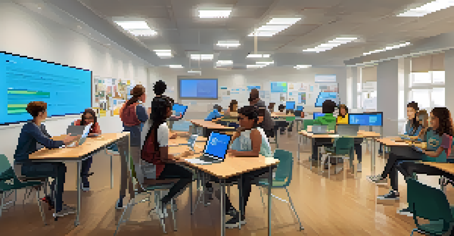 Students collaborating in a classroom to create digital portfolios, with various devices displaying interactive content and a lively environment.