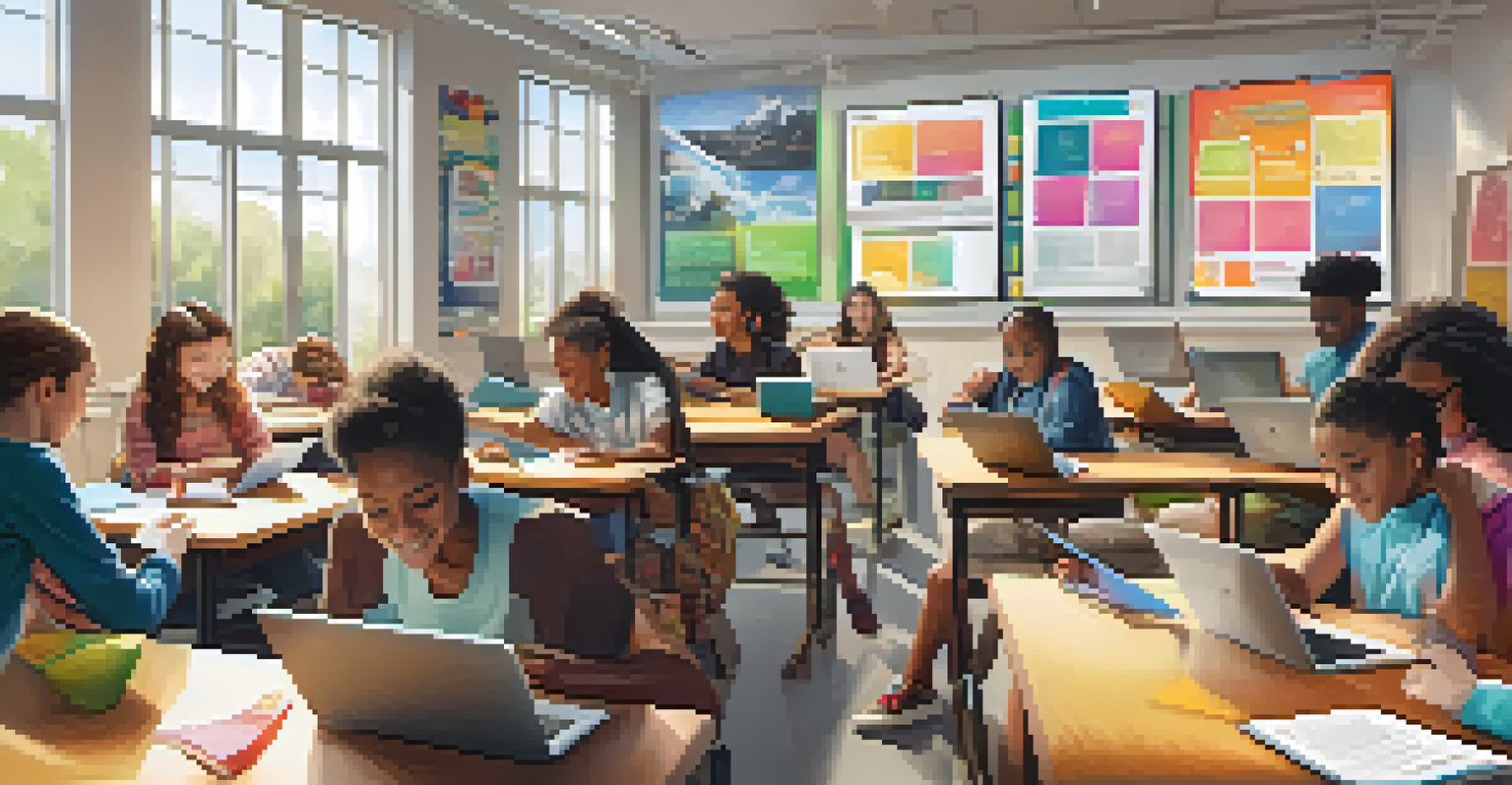Students of various backgrounds using digital devices in a bright classroom filled with educational posters.