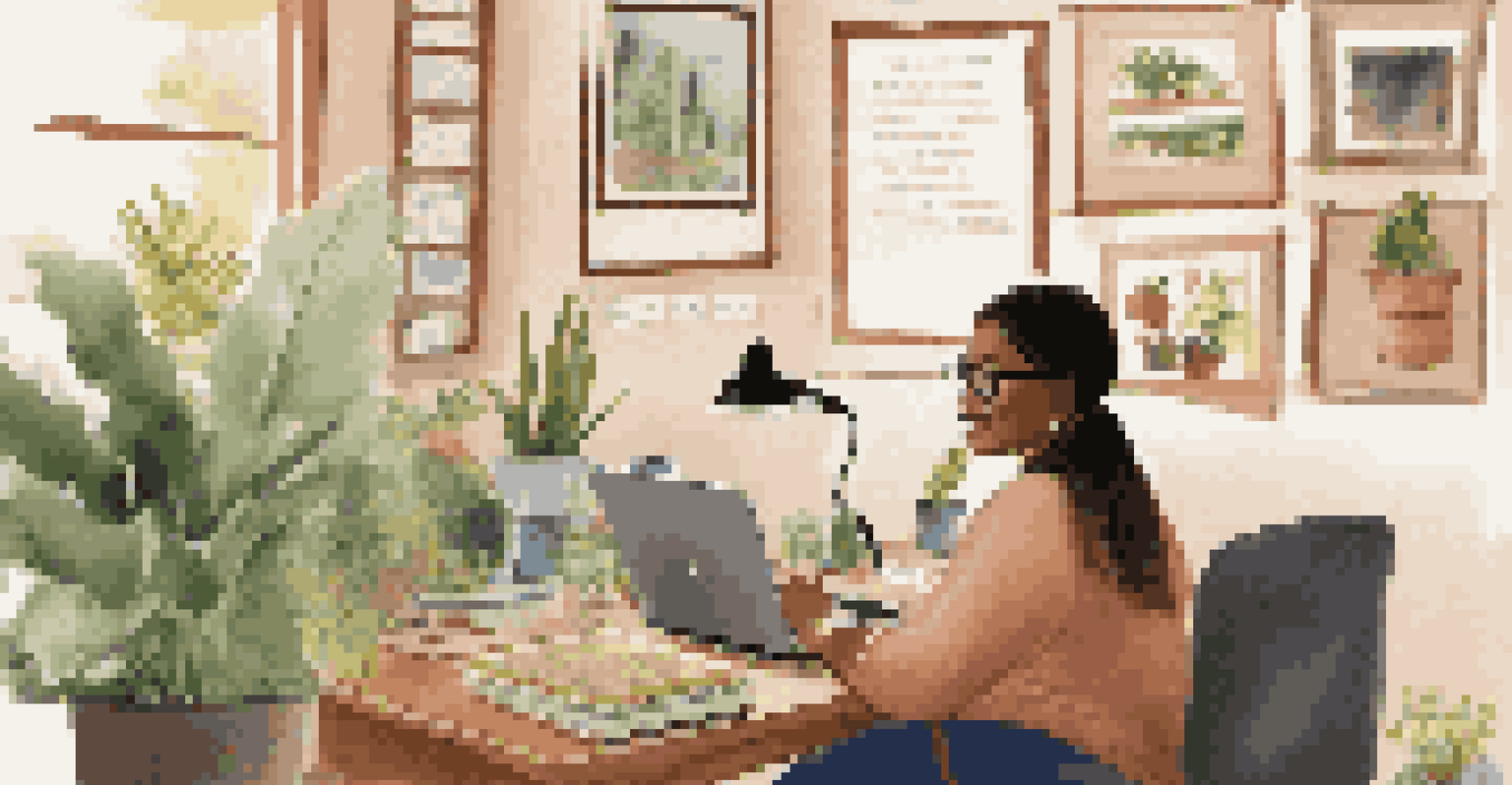 An educator in a home office engaging with students through a laptop during a remote group project.