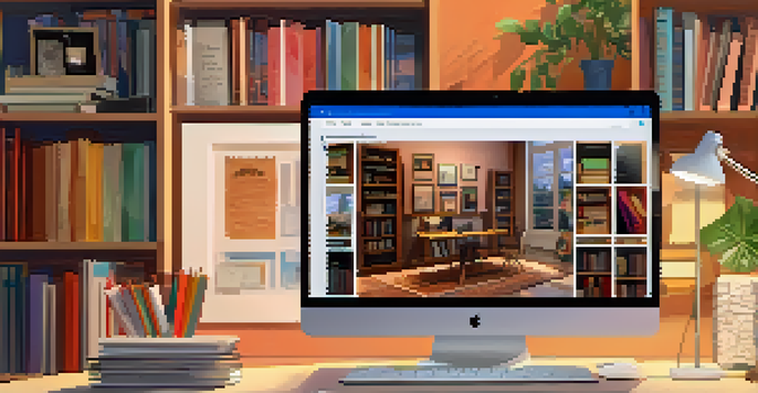 A laptop showing a colorful digital portfolio in a cozy study room filled with books and warm lighting.