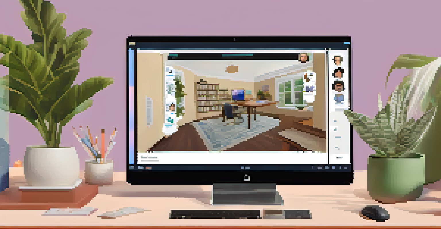 A computer screen displaying a virtual classroom with students participating in a video conference, surrounded by a cozy home office setup.