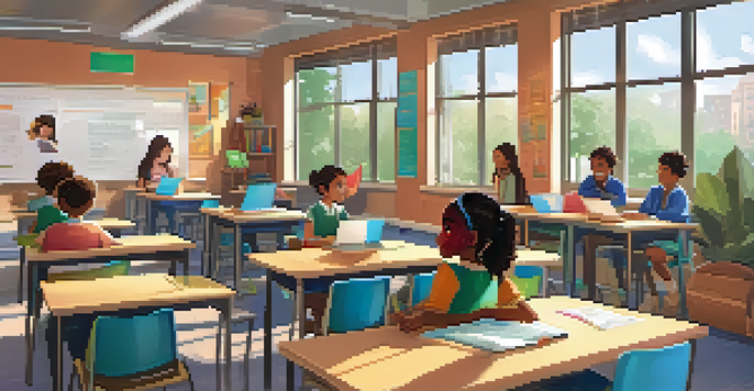 A vibrant classroom with diverse students actively participating in an online lesson, illuminated by natural light.