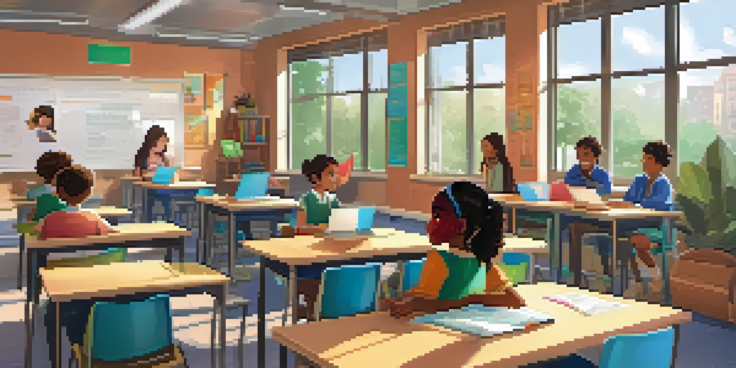 A vibrant classroom with diverse students actively participating in an online lesson, illuminated by natural light.