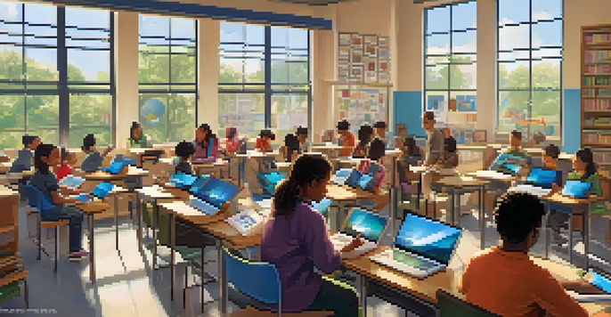 A vibrant classroom scene with diverse students using technology under the guidance of a teacher, surrounded by culturally relevant materials.