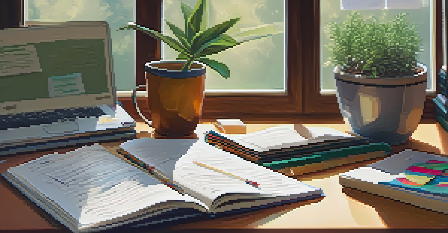 A teacher's desk with books and materials on culturally responsive education, illuminated by soft light.
