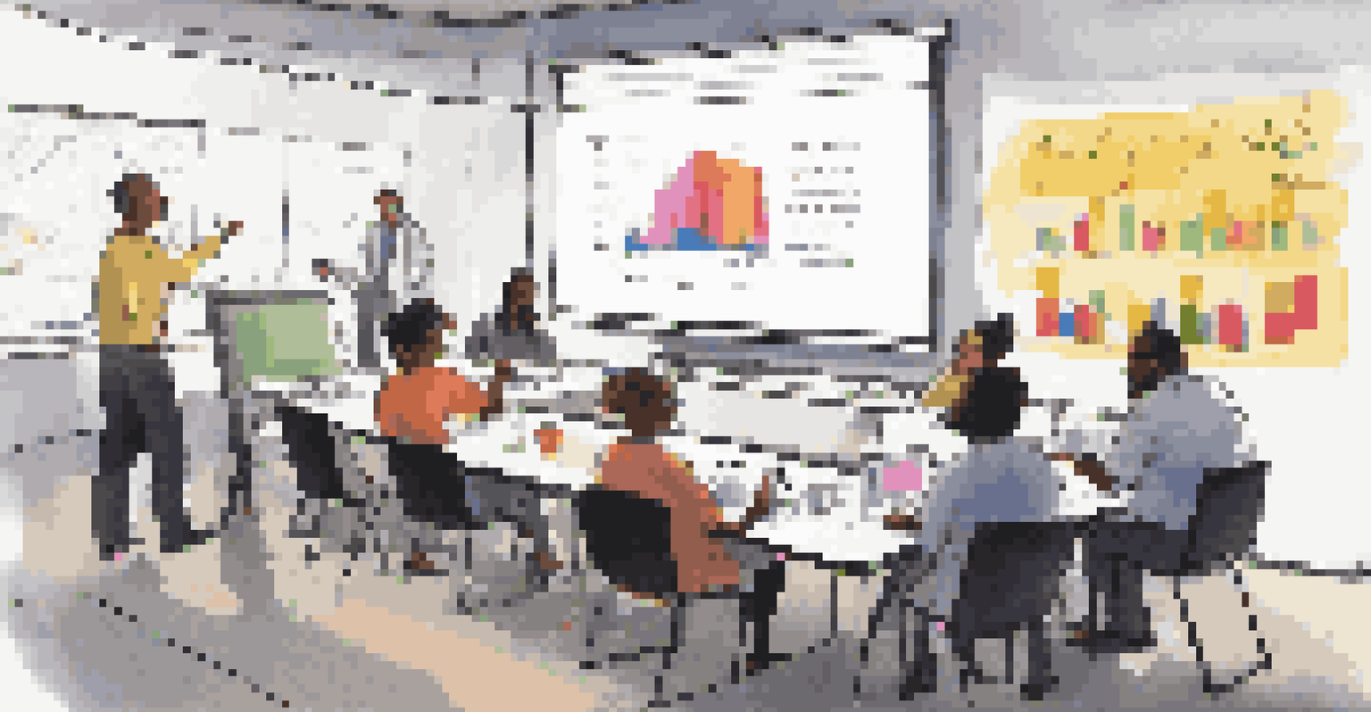 A diverse group of mentors collaborating in a workshop, analyzing data with charts displayed, surrounded by colorful sticky notes.