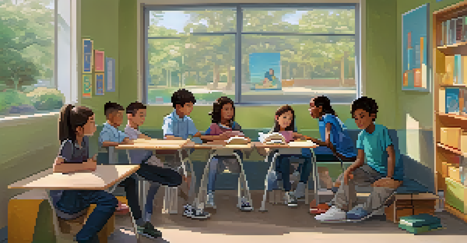 A quiet reading corner in a classroom with soft lighting and a student reading, alongside a group engaged in discussion.